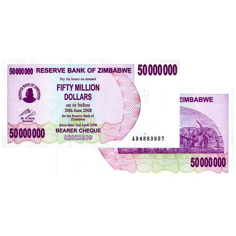 50 Million Zimbabwe Bearer Cheque 2008 Uncirculated