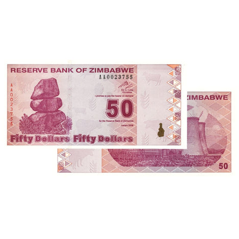 $50 Zimbabwe Banknotes 2009 AA Series Uncirculated - Low Denomination