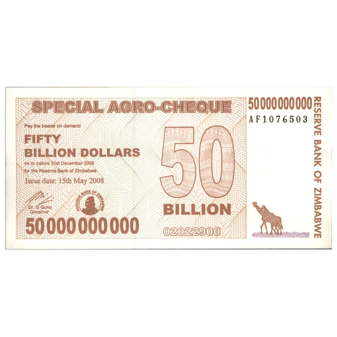 50 Billion Zimbabwe AGRO-CHEQUE Bundle of 100 CIRCULATED 2008