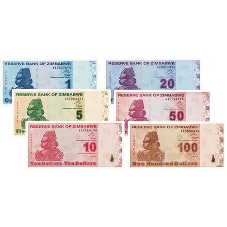 Complete Set of Low Denomination 2009 Zimbabwe Banknotes $1 | $5 | $10 | $20 | $50 | $100