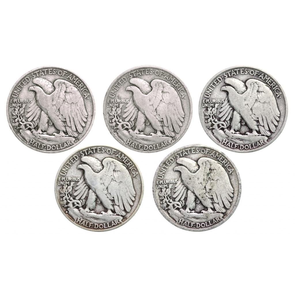 Count of 10 - Walking Liberty Half Dollar Circulated $5 Face Very Good