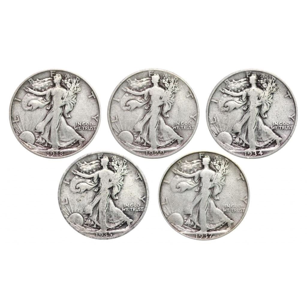 Count of 10 - Walking Liberty Half Dollar Circulated $5 Face Very Good