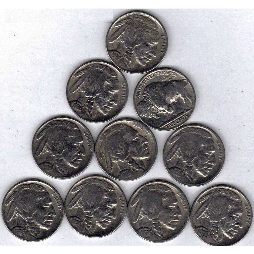 Count of Ten Circulated Buffalo Nickels 1913 to 1938 Fine