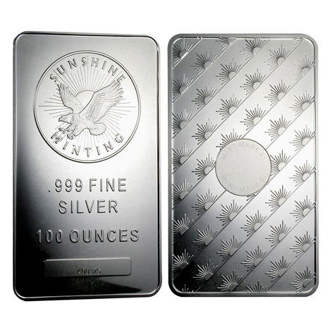 100 Ounce oz .999 Silver Eagle Bar - Sunshine Minting REV OBV