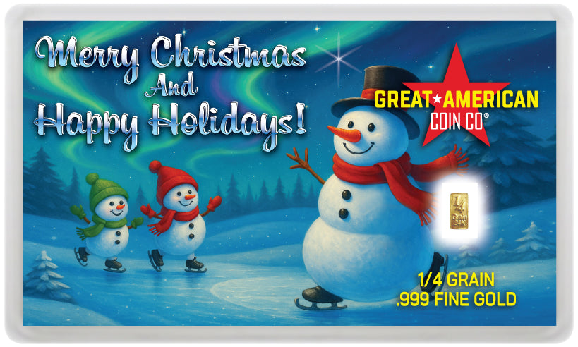 Snowman XMAS .999 Gold - 1/4 GRAIN Bar w/ Assay Card & Serial Number - PRESALE