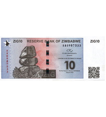 Zimbabwe $10 Zig 2024 P New Gold Backed* Uncirculated With QR Code