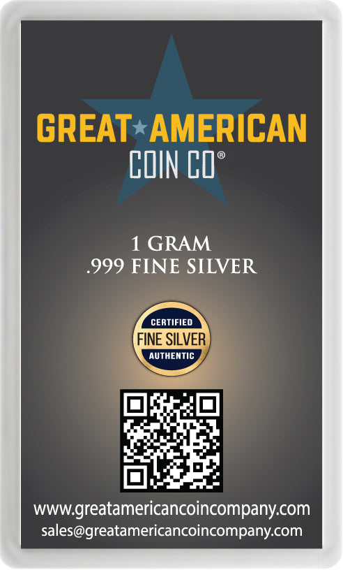 .999 Silver - 1 Gram Bar with Assay Card & Serial Number Great American Coin Company