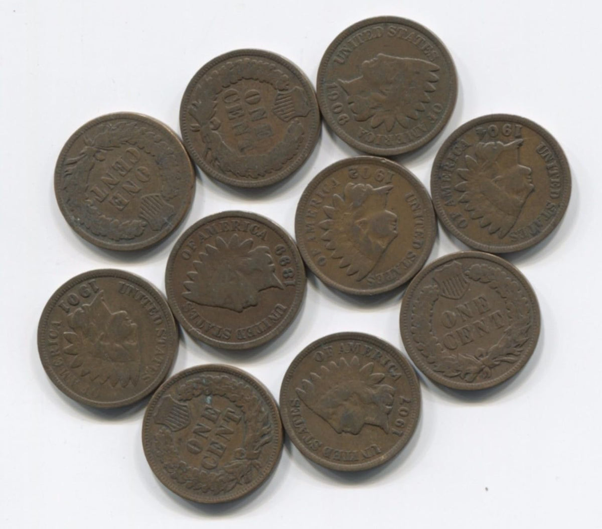 Indian Head Pennies 10 Coin Lot with 2 pre-1900’s - Random Dates