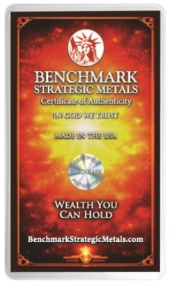Benchmark Strategic Metals Certificate of Authenticity card with a fiery red and orange background, featuring the Benchmark logo, text, and a silver circular seal.