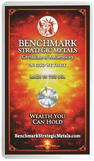 Benchmark Strategic Metals Certificate of Authenticity card with a fiery red and orange gradient background, featuring the Benchmark logo, text, and a small silver circular seal.