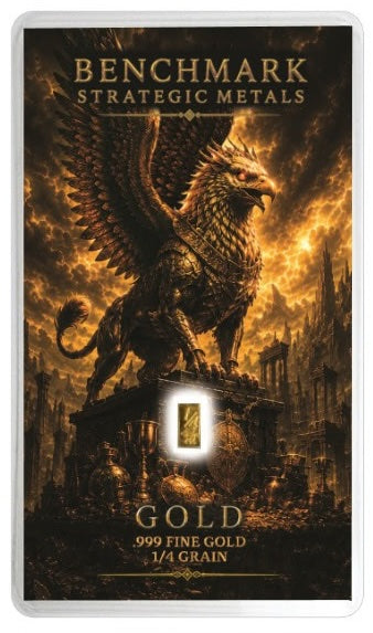 A Benchmark Strategic Metals gold coin card featuring a dramatic fantasy illustration of a golden griffin against a fiery golden sky, with the text 'BENCHMARK STRATEGIC METALS', 'GOLD', and '999 FINE GOLD 1/4 GRAIN'.