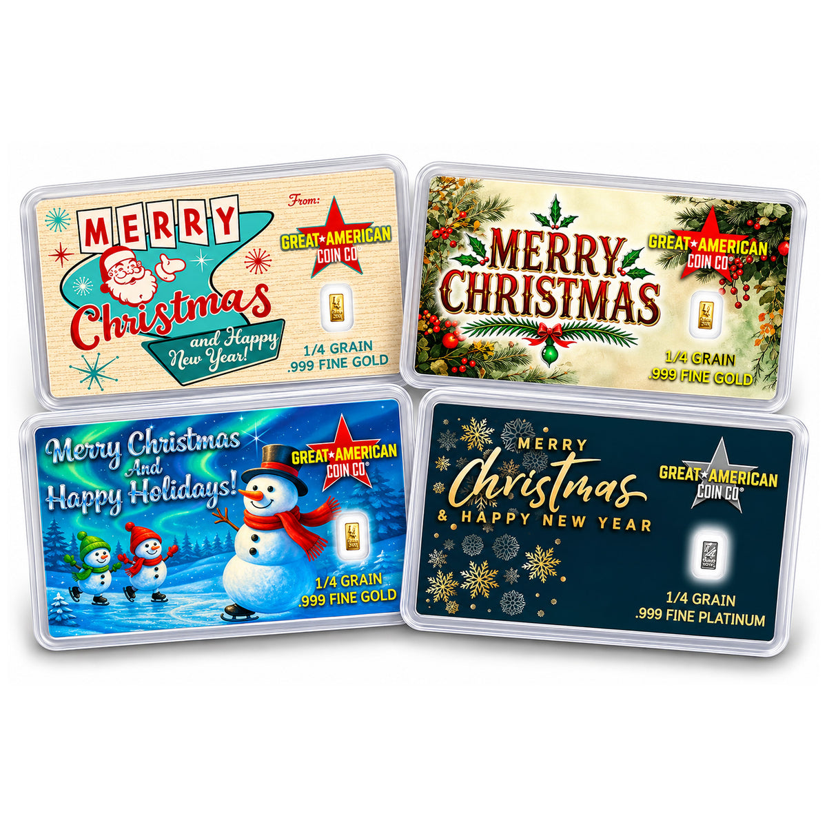 Holiday Fractional Metal Bundle - (4) 1/4 Grain Christmas Assay Cards - 3x .999 Gold + 1x .999 Platinum