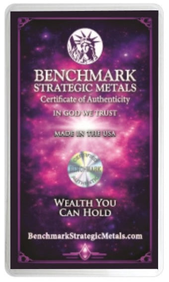 Benchmark Strategic Metals Certificate of Authenticity card featuring a purple and pink galaxy design with white text and a circular holographic authentication seal.