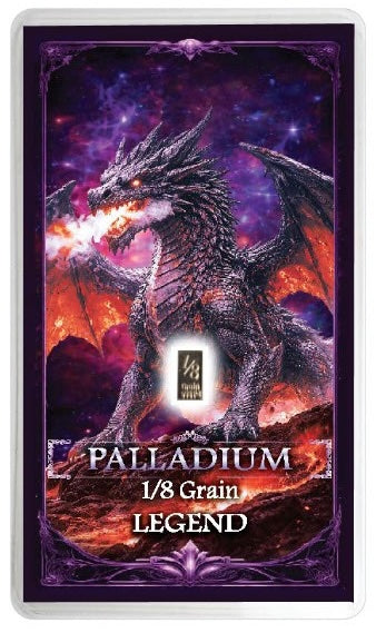 Palladium 1/8 Grain Legend card featuring a detailed fantasy illustration of a dark dragon breathing fire against a starry purple and orange cosmic background.