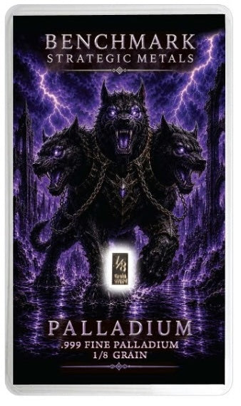 A rectangular collectible card for Benchmark Strategic Metals Palladium, featuring a dark fantasy illustration of three black three-headed wolves under purple lightning. The card is labeled 'PALLADIUM .