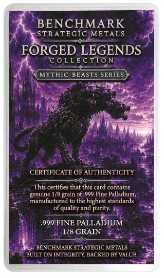 A collectible card from the Benchmark Strategic Metals Forged Legends Collection, specifically the Mythic Beasts Series. The card features a purple and black fantasy illustration of a wolf-like beast in a castle landscape under lightning, with text detailing its 999 fine palladium authenticity.