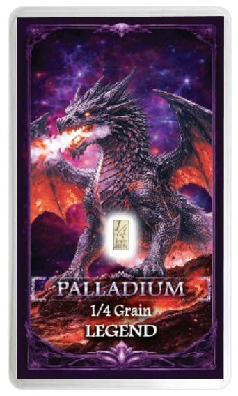 A Palladium 1/4 Grain Legend card featuring a detailed fantasy illustration of a dark metallic dragon breathing fire against a purple and orange cosmic background.