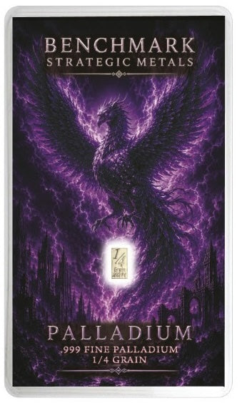 A Benchmark Strategic Metals Palladium 1/4 grain collectible coin card, featuring a dark purple and black fantasy illustration of a griffin surrounded by lightning, with a small gold coin visible in the center.