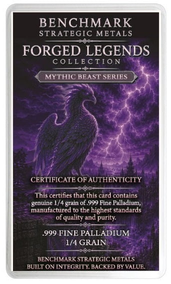 A collectible card from the Benchmark Strategic Metals Forged Legends Collection, Mythic Beast Series. The card features a dark purple and black background with a graphic of a winged beast under lightning, and includes a Certificate of Authenticity detailing 999 fine palladium.