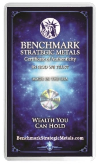 Benchmark Strategic Metals Certificate of Authenticity card with a purple cosmic background, featuring the Benchmark logo, text, and a circular metallic authenticity seal.