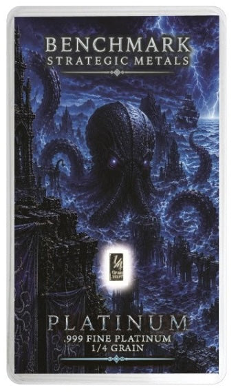A sealed assay card featuring a platinum 1/4 grain silver coin card featuring dark fantasy artwork of a giant octopus in a stormy blue sea, with text reading 'BENCHMARK STRATEGIC METALS' and 'PLATINUM 999 FINE PLATINUM 1/4 GRAIN'.