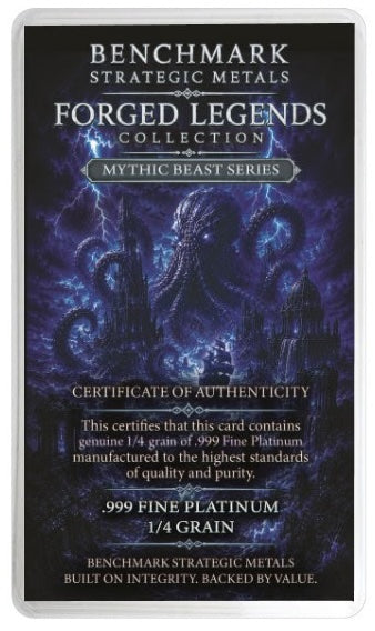 A Benchmark Strategic Metals Forged Legends Collection Mythic Beast Series card with its Certificate of Authenticity, featuring a dark blue and purple illustration of a monster on the front.