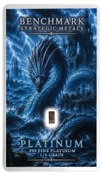 Platinum 1/8 grain bar in sealed assay card featuring a blue dragon over a stormy castle scene, with a small embedded gold-toned sample at the center.