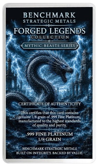 A Benchmark Strategic Metals 'Forged Legends Collection' Mythic Beasts Series card featuring a blue dragon illustration and a Certificate of Authenticity detailing 999 Fine Platinum.