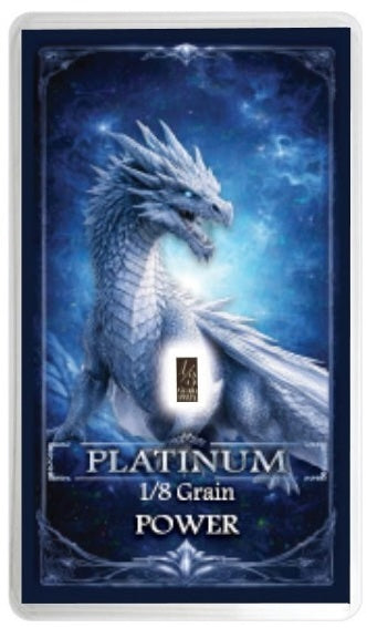 Platinum 1/8 Grain Power card featuring a detailed illustration of a white dragon against a blue starry night sky, with the text 'PLATINUM 1/8 Grain POWER' at the bottom.