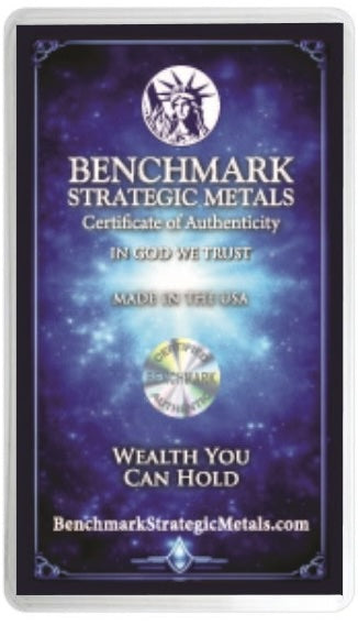 A rectangular product card with rounded corners featuring a purple and blue galaxy-style background. The card reads 'BENCHMARK STRATEGIC METALS', 'Certificate of Authenticity', 'IN GOD WE TRUST', 'MADE IN THE USA', 'WEALTH YOU CAN HOLD', and 'BenchmarkStrategicMetals.