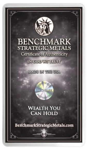 A rectangular Certificate of Authenticity card for Benchmark Strategic Metals, featuring a dark textured background with the text 'Certificate of Authenticity' and the Benchmark logo.