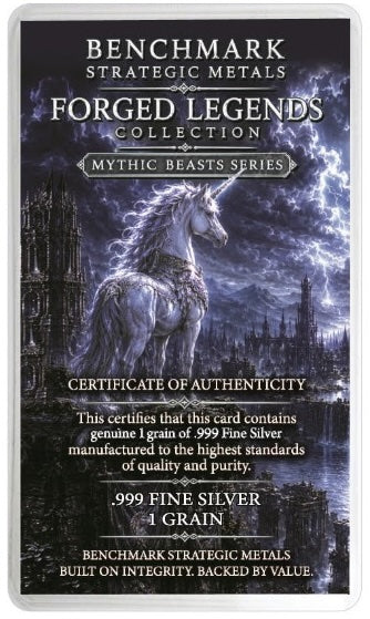 A sealed assay card featuring a Certificate of Authenticity for a 'Mythic Beasts Series' card. The card is framed in a clear protective border and displays a dark fantasy illustration of a white unicorn in a stormy, castle-filled landscape under lightning.