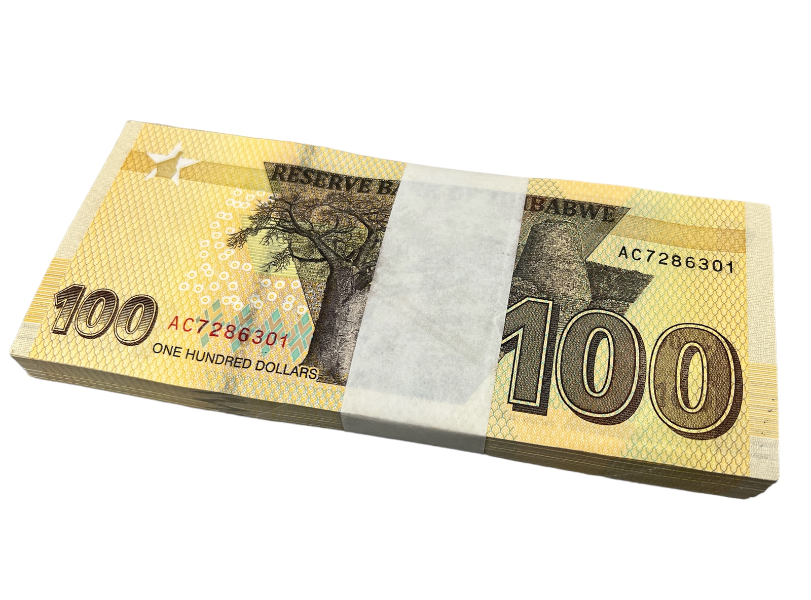 100 Dollar Zimbabwe Banknotes 2020 AA Series Uncirculated Bundle of 100
