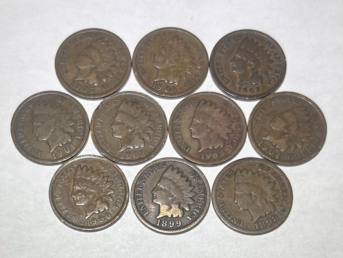 Indian Head Pennies 10 Coin Lot with 2 pre-1900’s - Random Dates