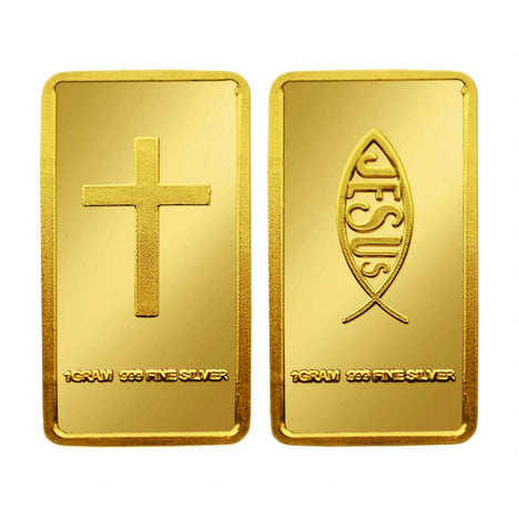 1 Gram .999 Fine Silver Plated In gold - Cross Ichthys Jesus Fish Design