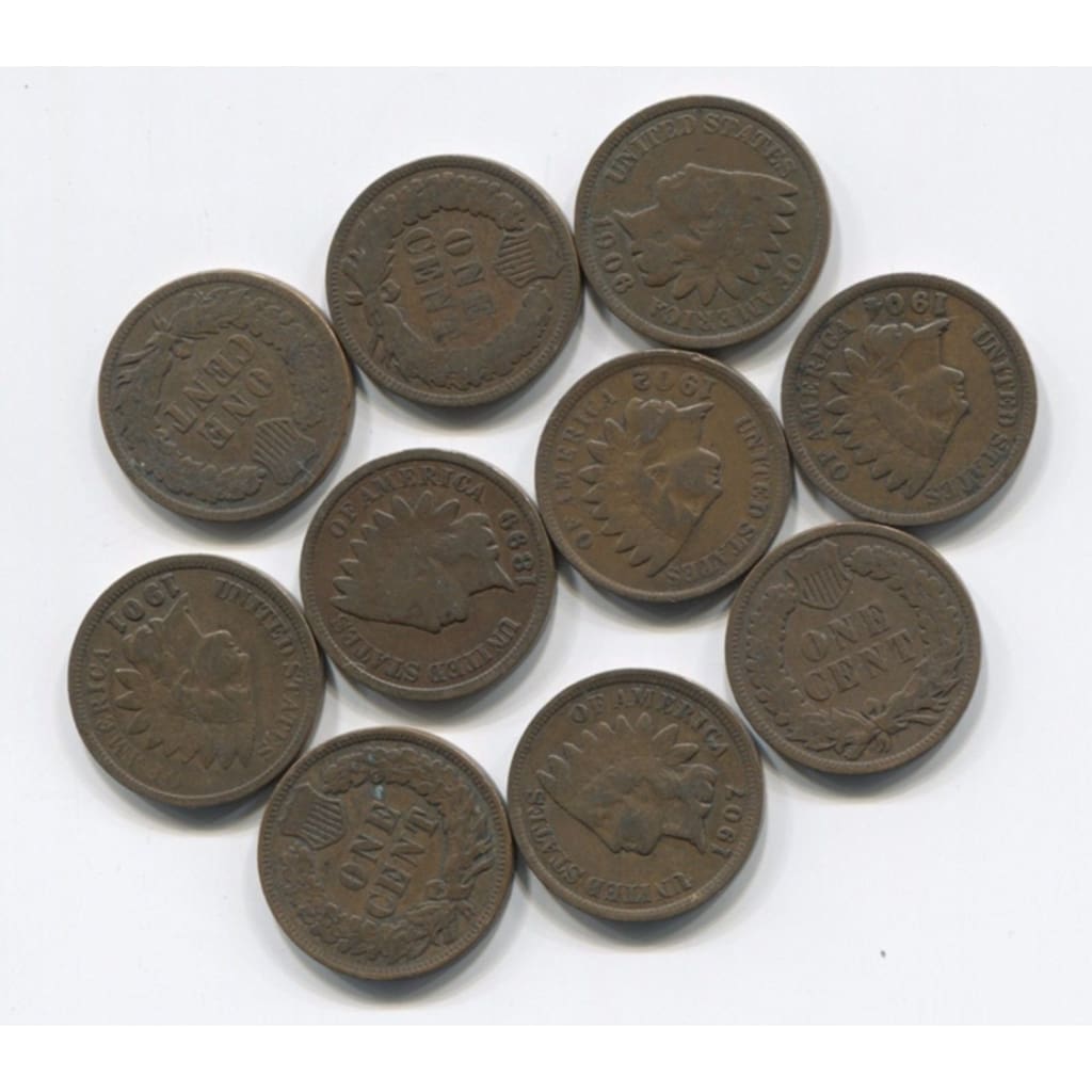 10 Antique Indian Head Pennies Cent Collection Lot w/ 2 pre-1900s Nice Old Set