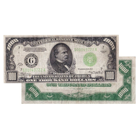 $1000 - 1934 A Green Seal Federal Reserve Note Very Good
