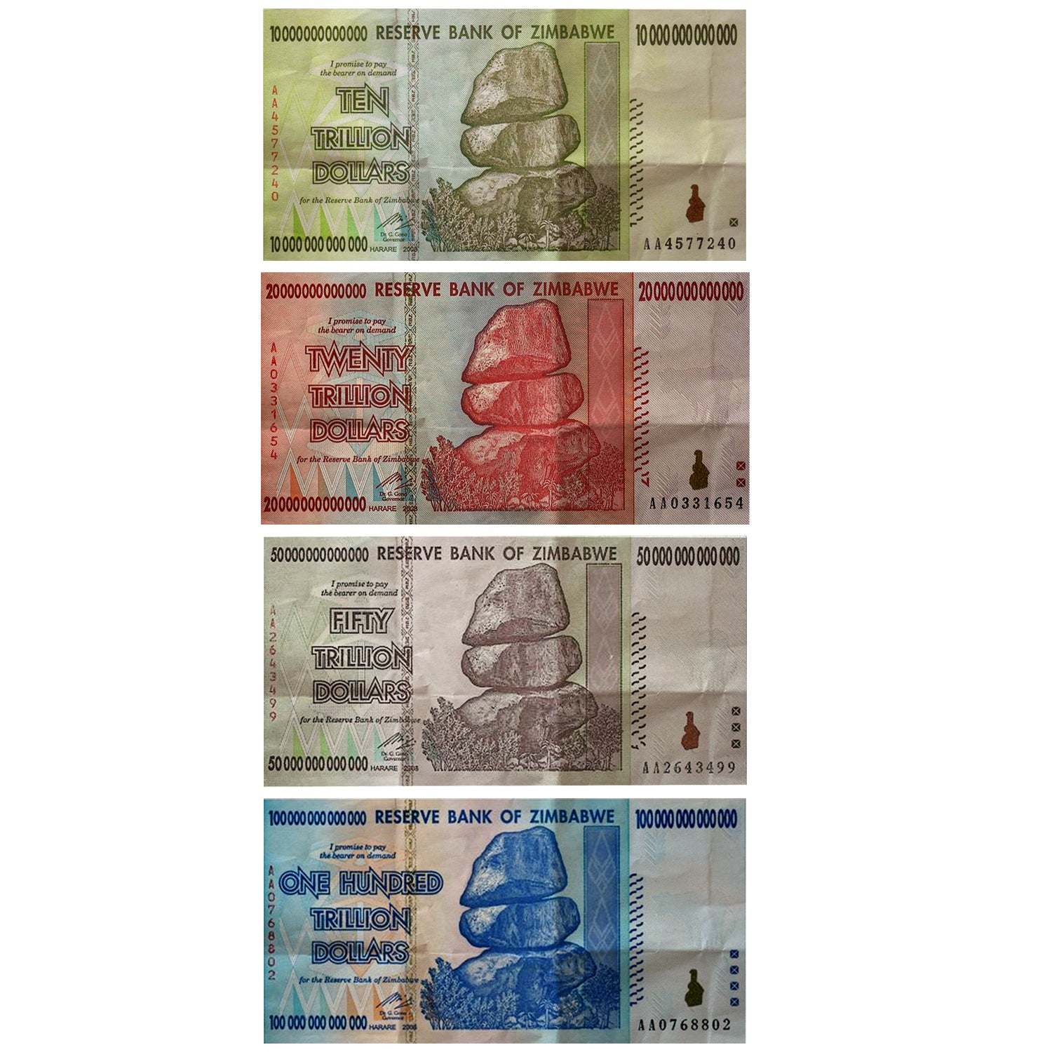 The Trillion Set Circulated - 100, 50, 20 and 10 Trillion Zimbabwe Banknotes 2008 AA Series Circulated