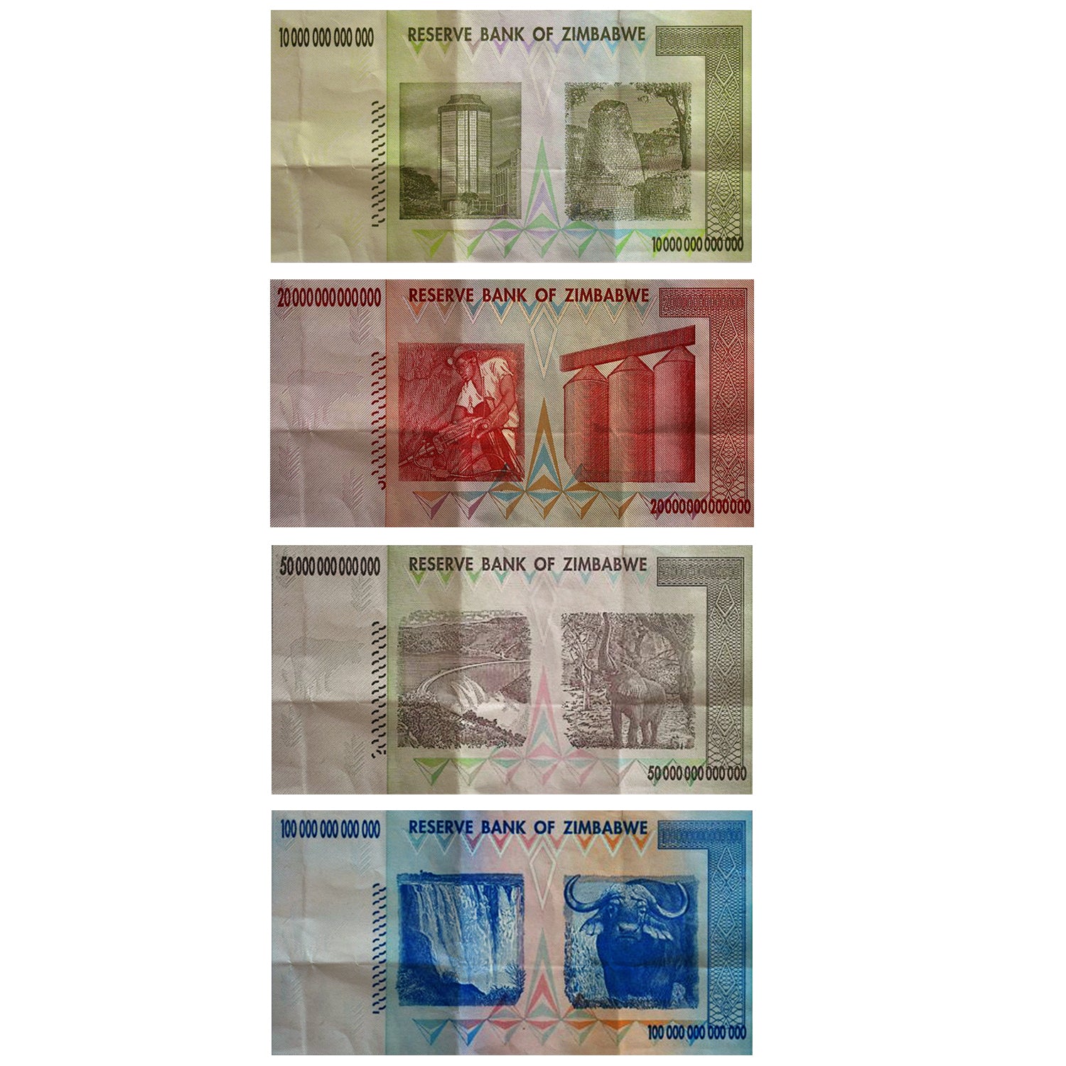 The Trillion Set Circulated - 100, 50, 20 and 10 Trillion Zimbabwe Banknotes 2008 AA Series Circulated