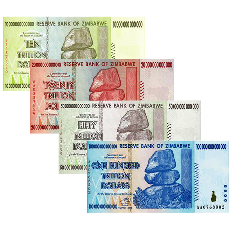 The Trillion Set - Uncirculated - 100, 50, 20 and 10 Trillion Zimbabwe Banknotes 2008 AA Series