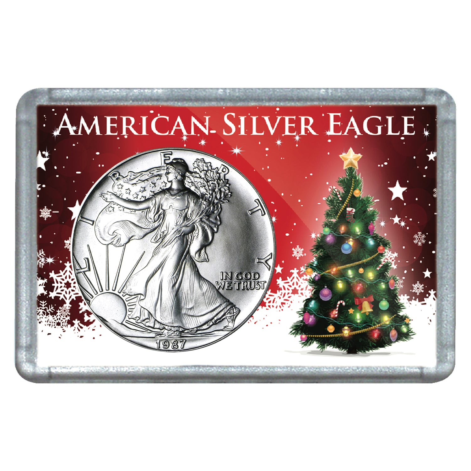1987 $1 American Silver Eagle with Christmas Tree Holiday Gift Holder