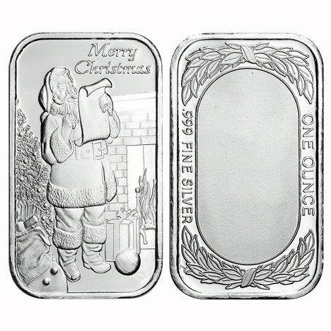 1 Ounce Silvertowne Mint .999 Silver Bar Merry Christmas Santa with List