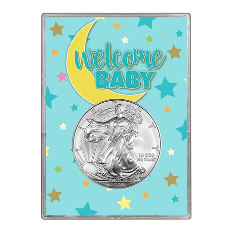 2008 $1 American Silver Eagle Gift Holder - Welcome Baby Blue Design