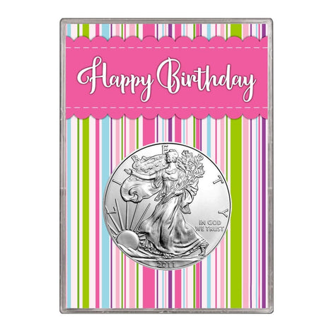2011 $1 American Silver Eagle Gift Holder Happy Birthday Pink Design