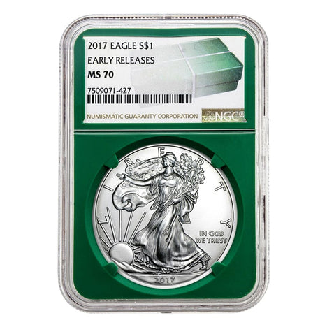 2017 $1 American Silver Eagle MS70 NGC - Early Releases Green Holder