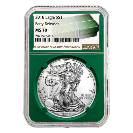 2018 $1 American Silver Eagle MS70 NGC - Early Releases Green Holder