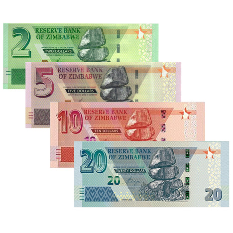 NEW Zimbabwe Dollars - $2, $5, $10, $20 Zimbabwe Banknotes 2019 2020 Uncirculated Bundle