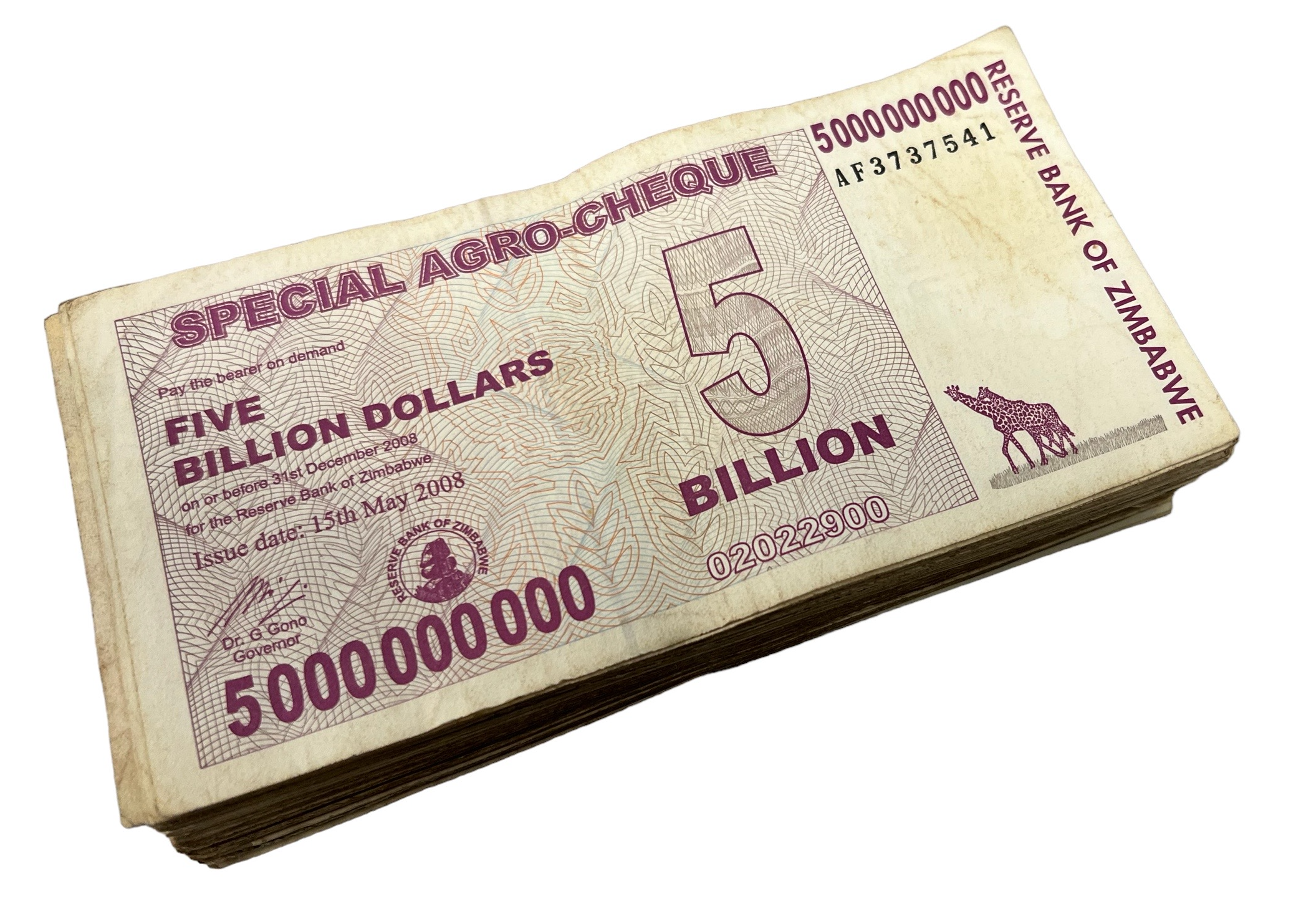 20x Zimbabwe $5 Billion Special Agro Cheque Banknotes – Heavily Circulated – Currency Lot
