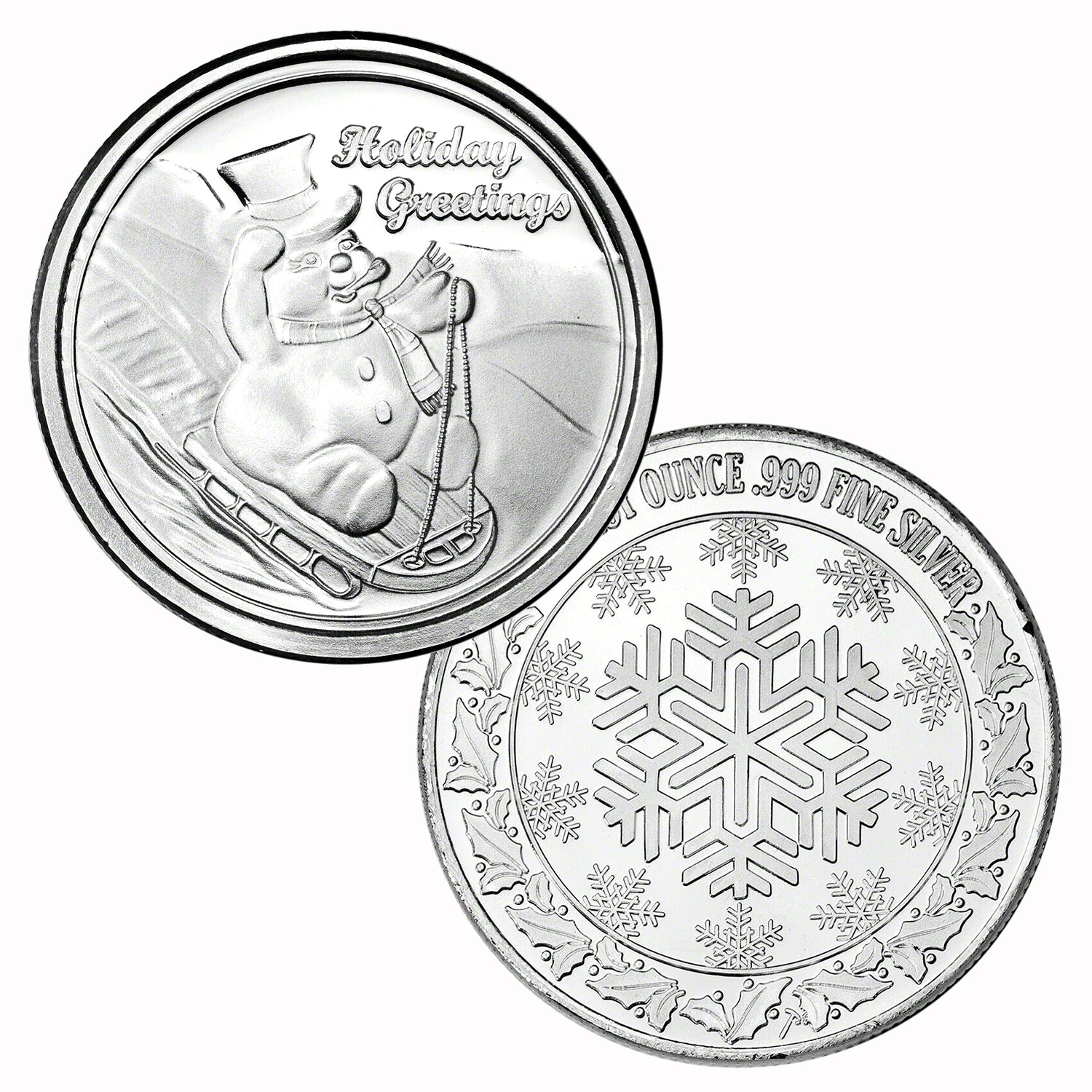 1 Ounce Silvertowne Mint .999 Silver Sledding Snowman Holiday Greeting