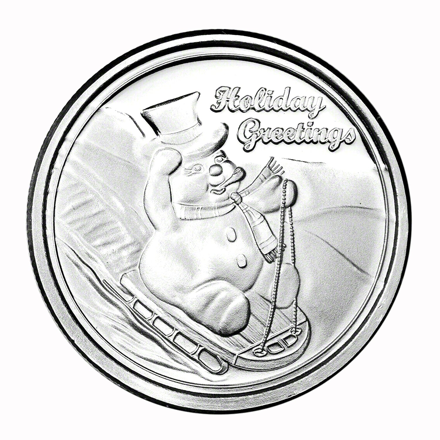 1 Ounce Silvertowne Mint .999 Silver Sledding Snowman Holiday Greeting